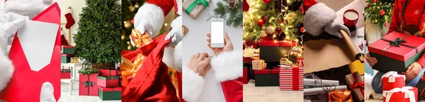 Праздничный Коллаж Санта Клаусом Рождественскими Подарками — стоковое фото