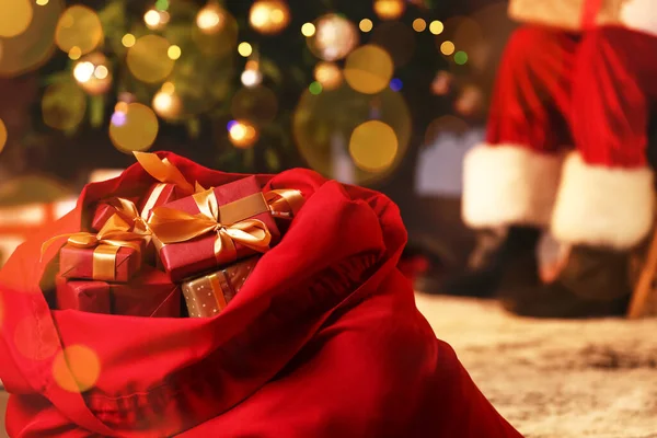 Santa Bag Christmas Gifts Room Closeup — Stock Photo, Image
