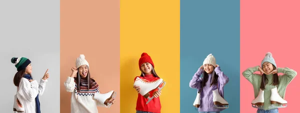 Colagem Menina Elegante Camisolas Inverno Com Patins Gelo Fundo Cor — Fotografia de Stock
