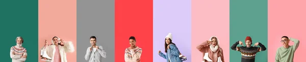 Collage Van Verschillende Mensen Stijlvolle Winterkleding Kleur Achtergrond — Stockfoto