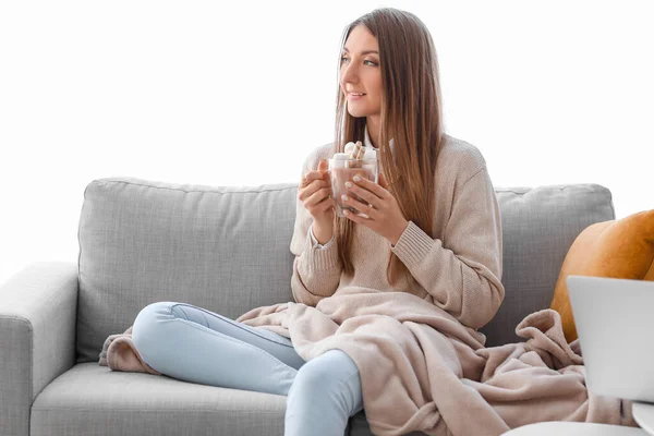 Young Woman Glass Cup Cocoa Marshmallows Sitting Sofa Home — Stock Photo, Image