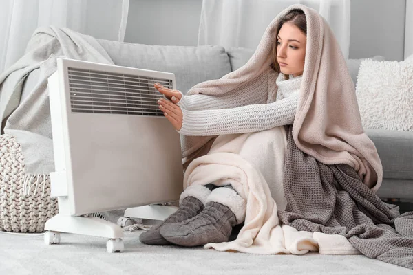 Young Woman Plaids Warming Hands Radiator Home — Stock Photo, Image