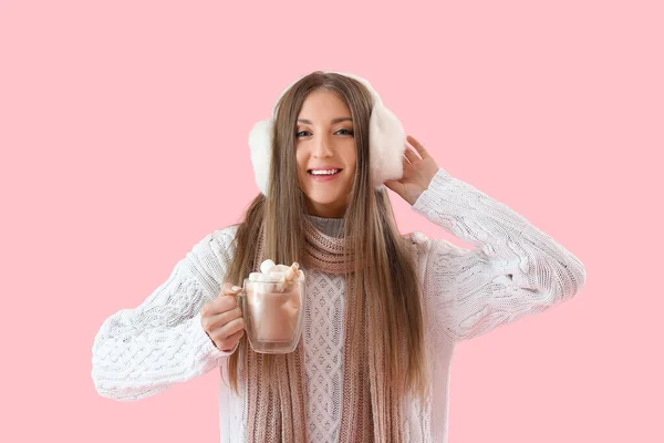Young Woman Warm Ear Muffs Glass Cup Cocoa Pink Background — Stock Photo, Image