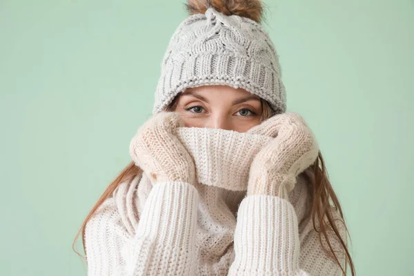 Young Woman Warm Hat Scarf Green Background — Stock Photo, Image
