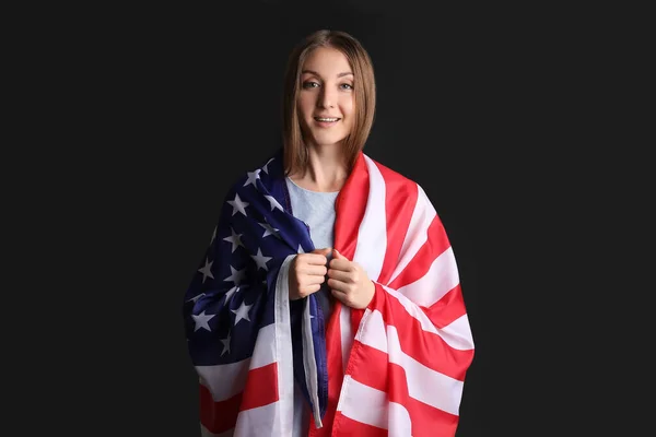 Beautiful Woman Usa Flag Black Background — Stock Photo, Image