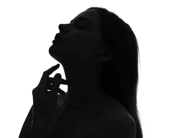 Silhouette Einer Jungen Frau Auf Weißem Hintergrund Nahaufnahme — Stockfoto