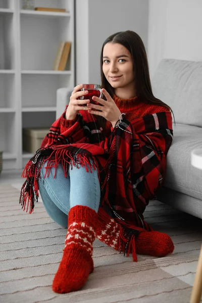 Young Woman Warm Plaid Glass Cup Tea Home — Stock Photo, Image