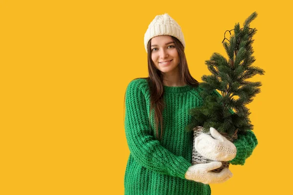 若いです女性で暖かいです帽子で小さなクリスマスツリー上の黄色の背景 — ストック写真