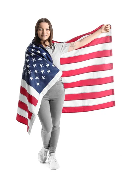 Młoda Kobieta Trzyma Flagę Usa Białym Tle — Zdjęcie stockowe