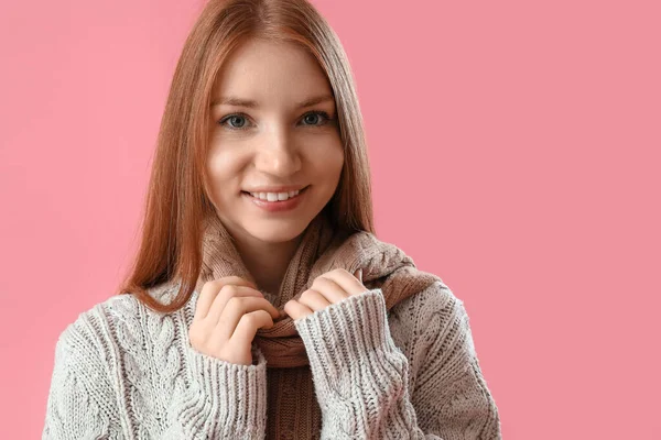 Young Redhead Woman Warm Scarf Pink Background Closeup — Stock Photo, Image