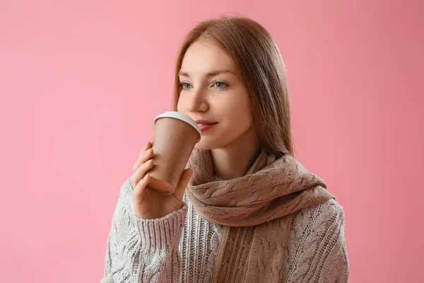 Young Redhead Woman Warm Scarf Takeaway Cup Coffee Pink Background — Stock Photo, Image
