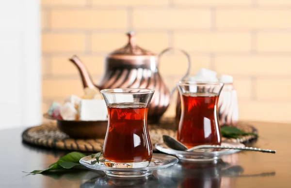 Saucer Glass Turkish Tea Leaf Table Room Closeup — Stock Photo, Image