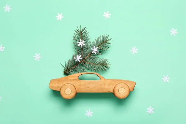 Toy Car Christmas Branches Snowflakes Green Background — Stock Photo, Image