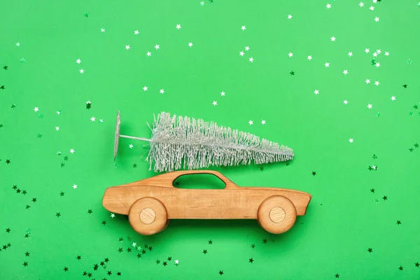 Toy Car Christmas Tree Stars Green Background — Stock Photo, Image