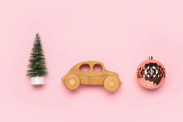 Toy Car Christmas Tree Ball Pink Background — Stock Photo, Image