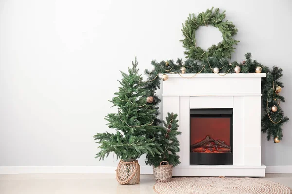 Electric Fireplace Christmas Trees Wreath Fir Branches Light Wall — Stock Photo, Image