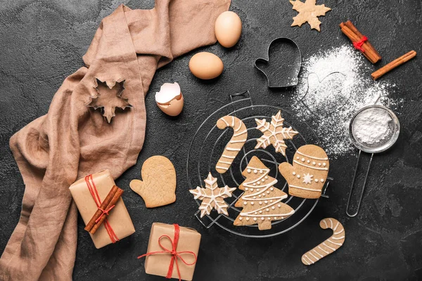 Composition Christmas Cookies Ingredients Gifts Dark Background — Stock Photo, Image