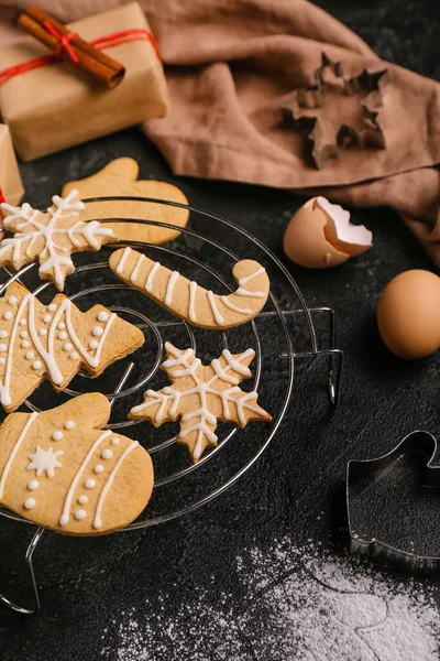 Grid Tasty Christmas Cookies Dark Background Closeup — Stock Photo, Image