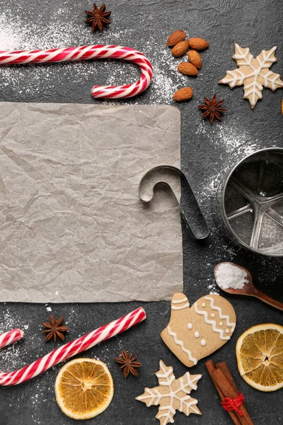 Composition Sheet Baking Paper Christmas Cookies Ingredients Dark Background — Stock Photo, Image