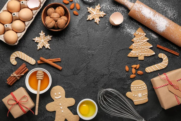 Frame Made Tasty Christmas Cookies Ingredients Utensils Dark Background — Stock Photo, Image