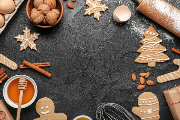 Frame Made Tasty Christmas Cookies Ingredients Dark Background Closeup — Stock Photo, Image