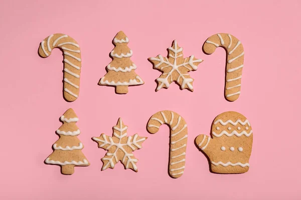 Ensemble Biscuits Noël Savoureux Sur Fond Rose — Photo