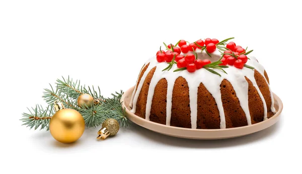 Delicioso Pastel Navidad Con Arándano Rama Abeto Bolas Sobre Fondo — Foto de Stock