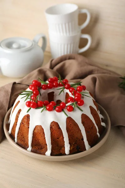 Delicious Christmas Cake Cranberry Wooden Table — Stock Photo, Image