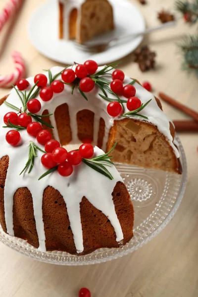 Dessert Stand Tasty Christmas Cake Light Wooden Background Closeup — Stock Photo, Image