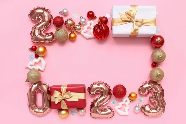 Frame Made Figure 2023 Balloons Gifts Christmas Decor Pink Background — Stock Photo, Image