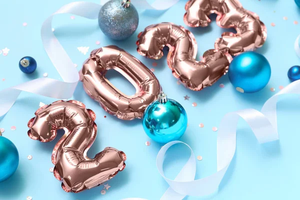 Figuur 2023 Gemaakt Van Folie Ballonnen Met Kerstballen Linten Blauwe — Stockfoto