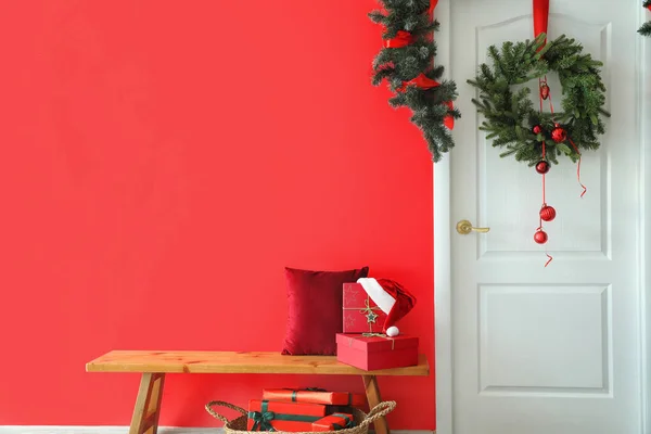 Interior Hall White Door Bench Christmas Decor — Stock Photo, Image