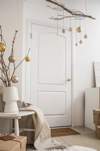 Tree Branches Christmas Balls Hanging White Door Room — Stock Photo, Image