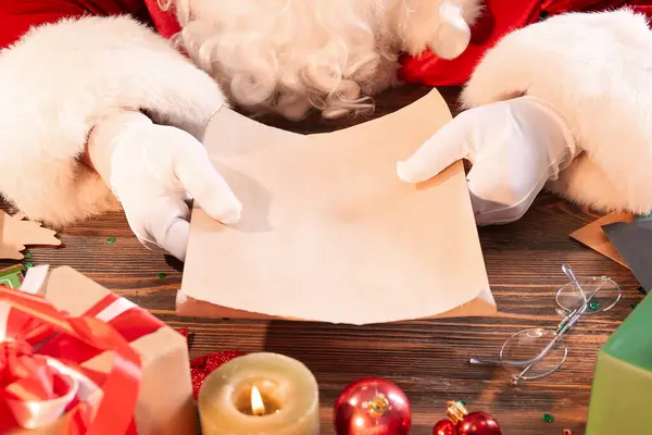 Santa Claus Holding Blank Letter Wooden Table Closeup — Stock Photo, Image