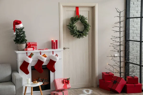 나무로 벽난로 크리스마스 — 스톡 사진