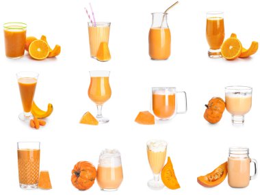 Beyaz arka planda balkabağı kokteylleri kolajı