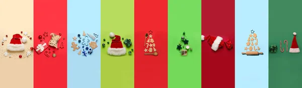 Festive Collage Christmas Cookies Gifts Santa Hats Color Background — Stock Photo, Image