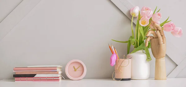 Notebooks Alarm Clock Stationery Bouquet Tulips Workplace Office — Stock Photo, Image