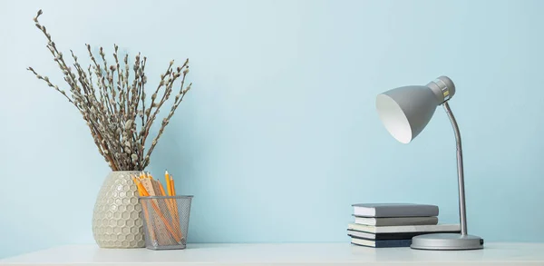 Vase Pussy Willow Branches Notebooks Lamp Stationery Workplace Office — 图库照片