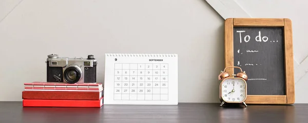 Photo Camera Calendar Notebooks Alarm Clock Workplace Office — Stock Photo, Image