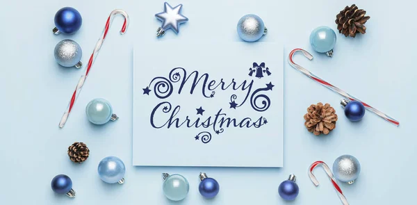 Beautiful Christmas Composition Greeting Card Decor Light Blue Background — Stock Photo, Image