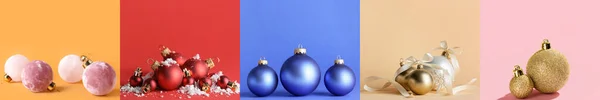 Koláž Různými Vánoční Koule Barevném Pozadí — Stock fotografie