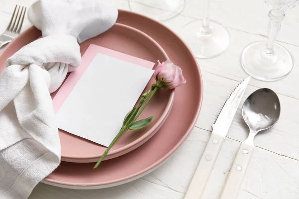 Stylish Table Setting Blank Card Eustoma Flower White Wooden Background — Stock Photo, Image