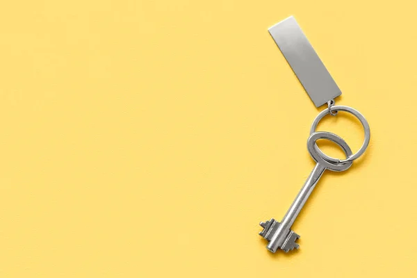 Nyckel Med Metall Nyckelring Färg Bakgrund — Stockfoto