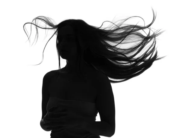 Silueta Mladé Ženy Dlouhými Vlasy Bílém Pozadí — Stock fotografie