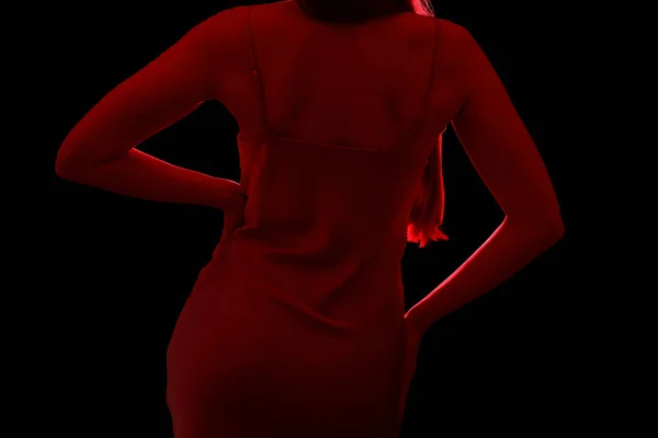 Silhouette Einer Jungen Frau Auf Schwarzem Hintergrund Rückseite — Stockfoto