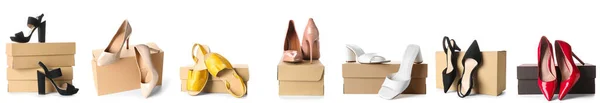 Conjunto Cajas Cartón Con Elegantes Zapatos Mujer Aislados Blanco —  Fotos de Stock