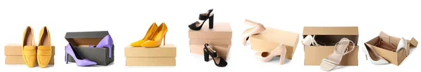 Ensemble Boîtes Carton Avec Des Chaussures Femme Élégantes Isolées Sur — Photo
