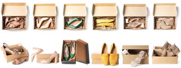 Set Many Cardboard Boxes Stylish Woman Shoes Isolated White — Stock Photo, Image