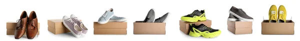 Συλλογή Από Κουτιά Από Χαρτόνι Κομψά Ανδρικά Παπούτσια Που Απομονώνονται — Φωτογραφία Αρχείου